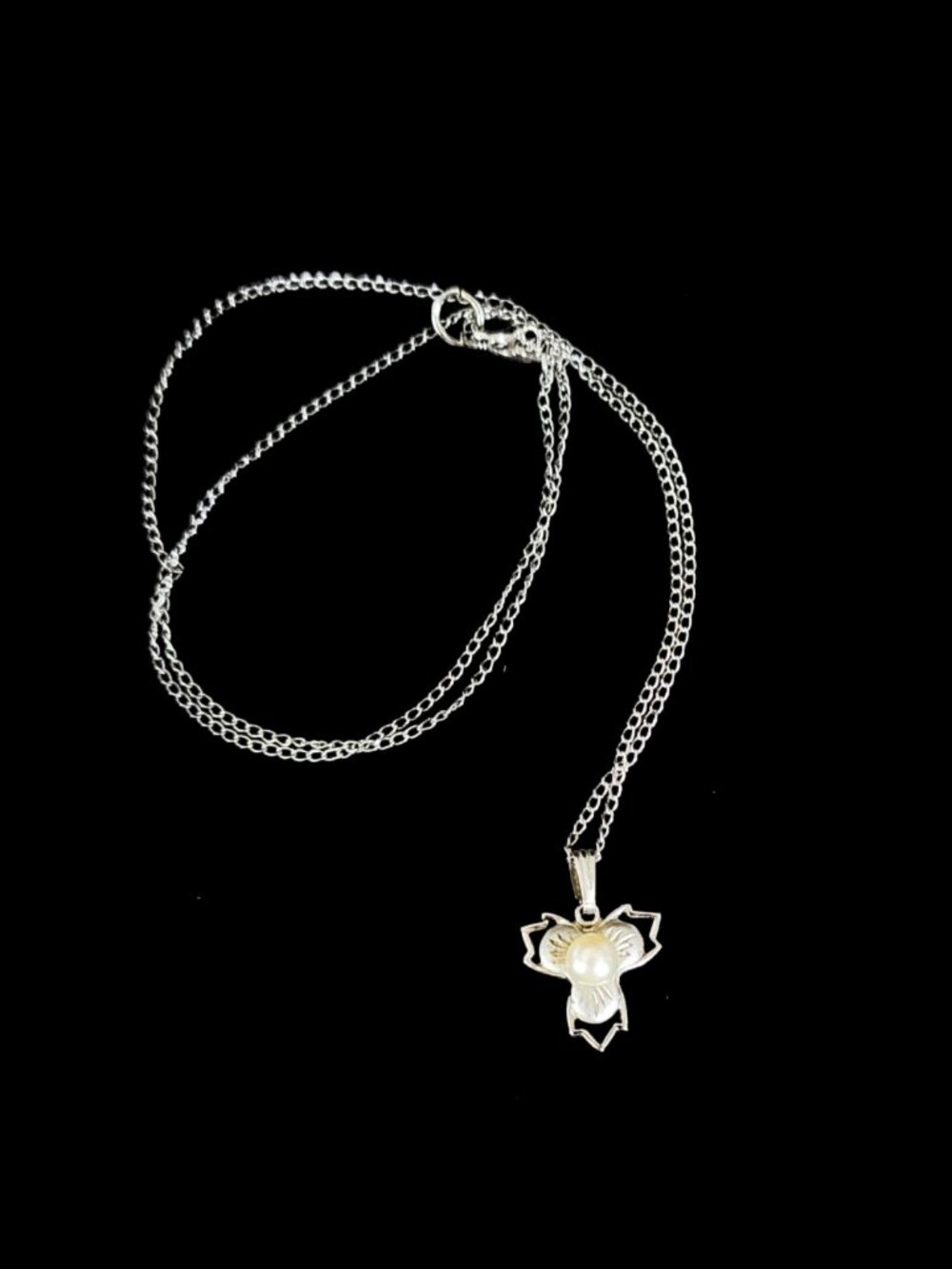 VTG 80s Sterling Silver Trillium Leaf Faux Pearl Pendant Necklace 925